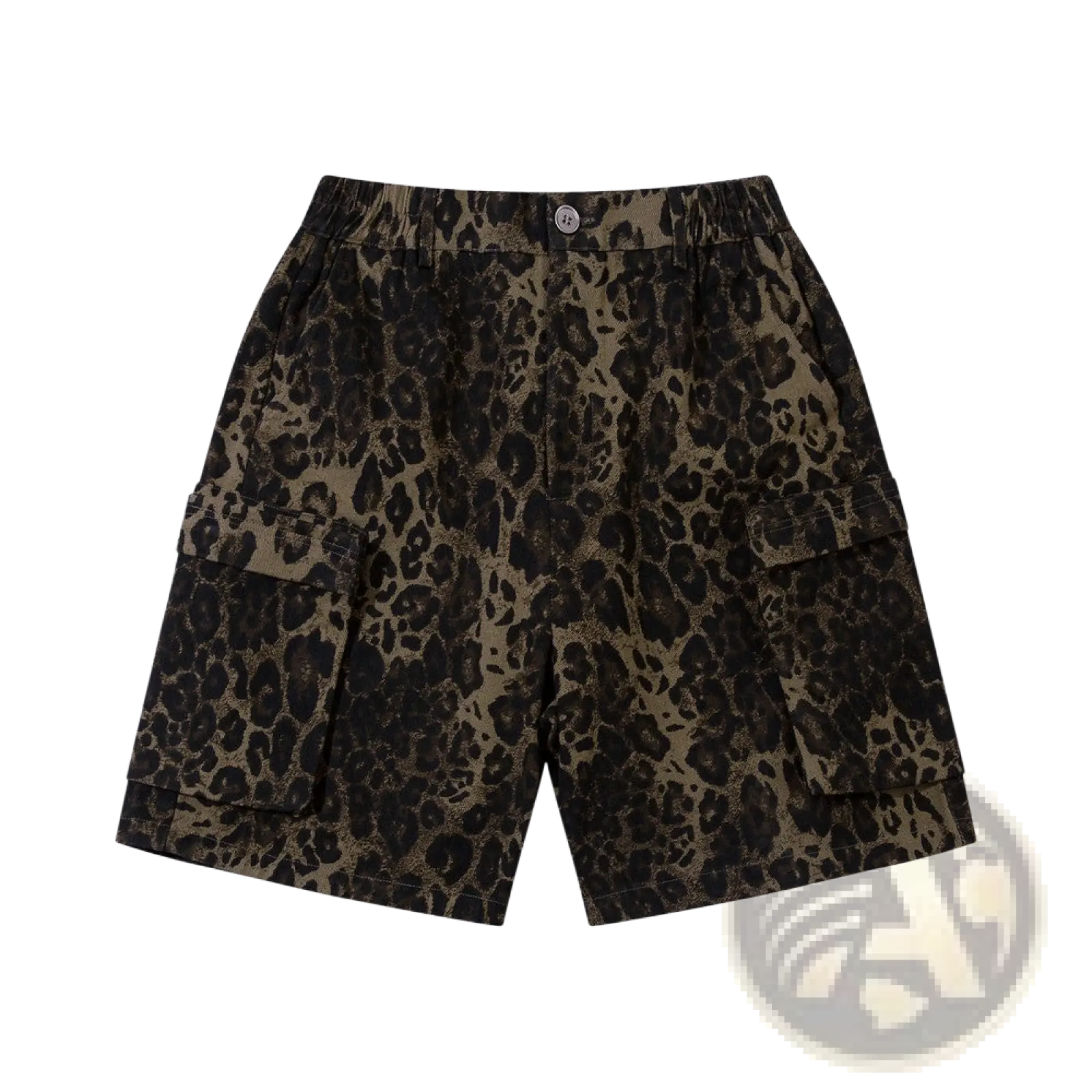 Men’s olive and black leopard print denim and cargo workwear shorts with elastic waistband and multiple pockets