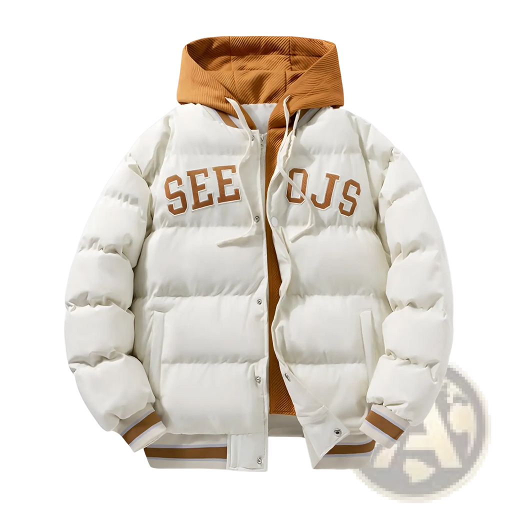 Men’s cream-colored letter print hooded puffer jacket with mustard-yellow hood trim and see ojs lettering on chest