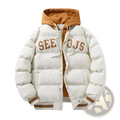 Men’s cream-colored letter print hooded puffer jacket with mustard-yellow hood trim and see ojs lettering on chest
