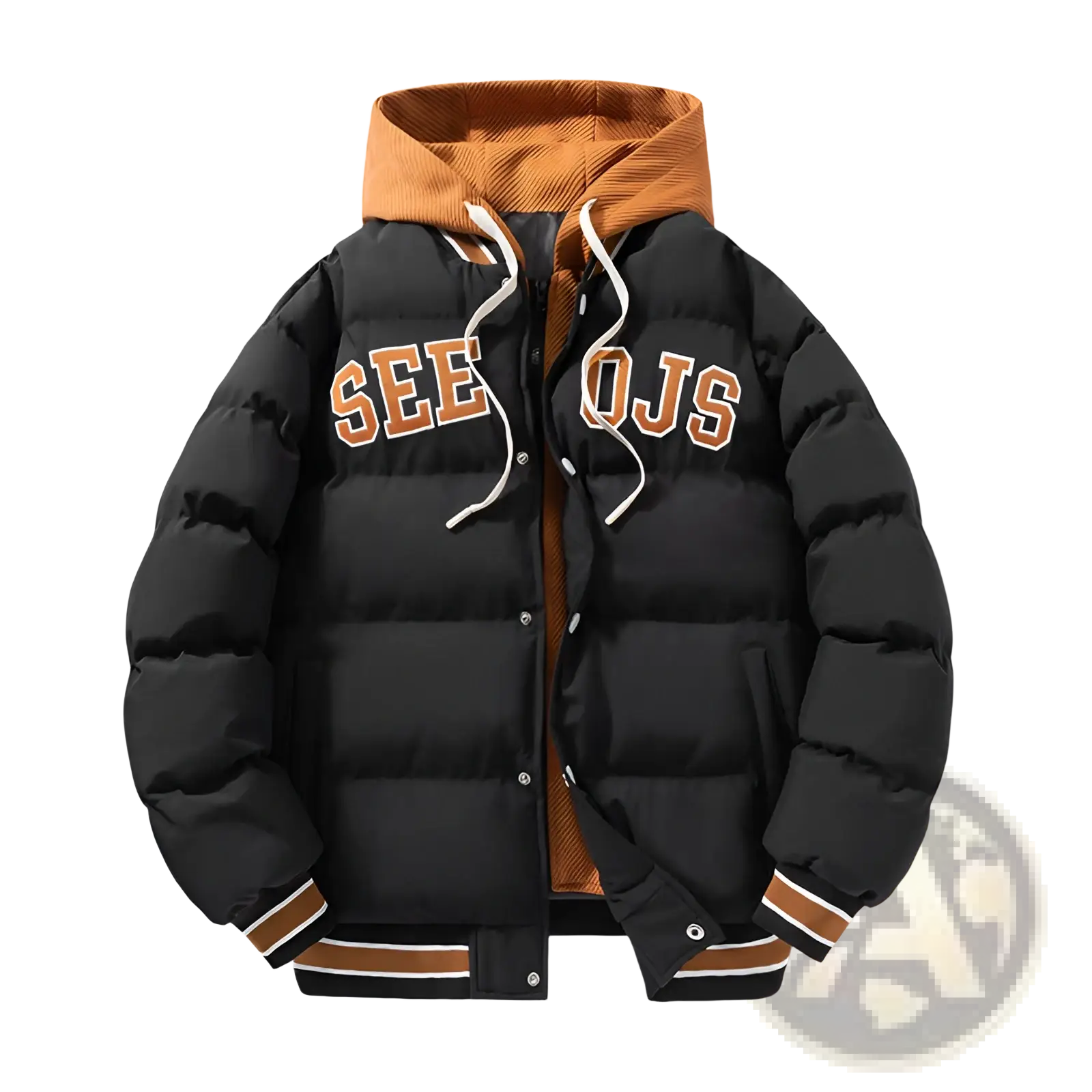 Men’s black letter print hooded puffer jacket with orange and white lettering, corduroy-lined hood, and striped cuffs