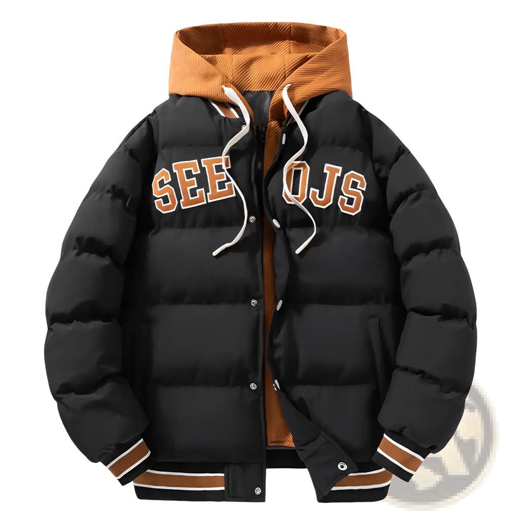 Men’s letter print hooded puffer jacket in black with orange corduroy hood, white drawstrings, and striped cuffs