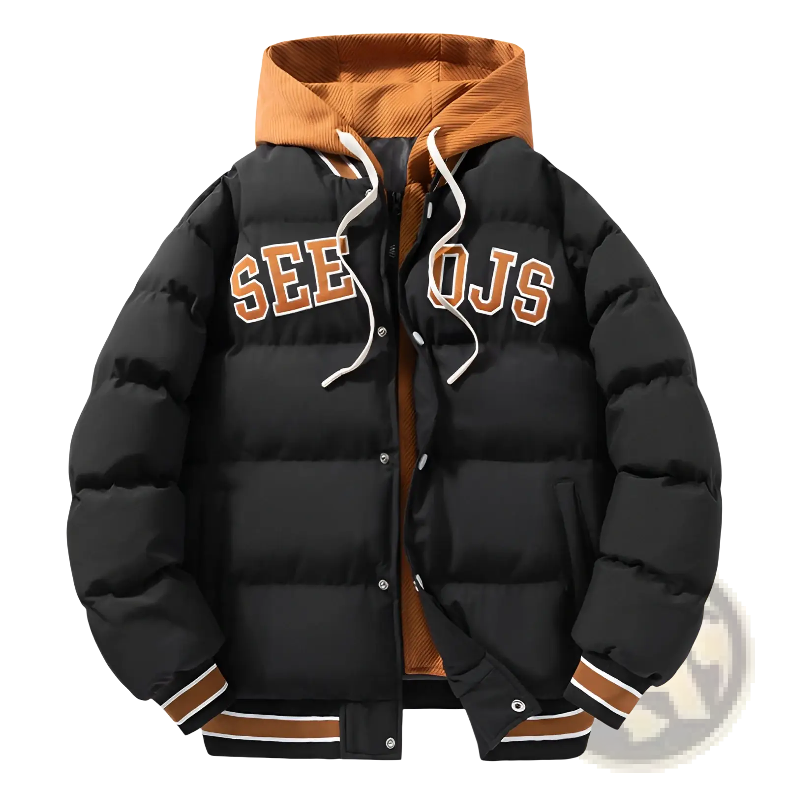 Men’s letter print hooded puffer jacket in black with orange corduroy hood, white drawstrings, and striped cuffs