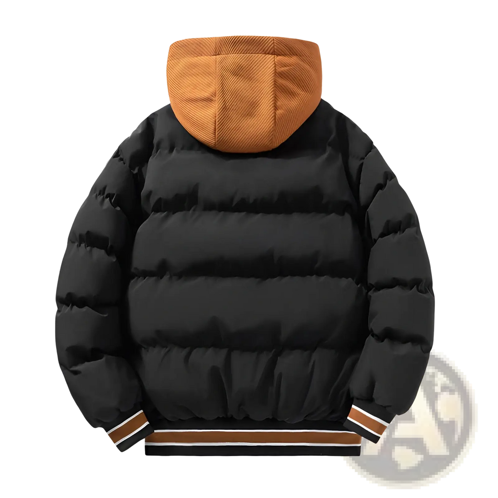 Men’s letter print hooded puffer jacket in black with contrasting orange hood and striped cuffs visible from the back