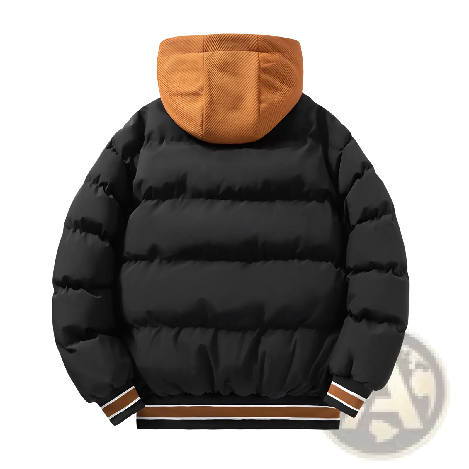 Men’s letter print hooded puffer jacket in black with contrasting orange hood and striped cuffs visible from the back