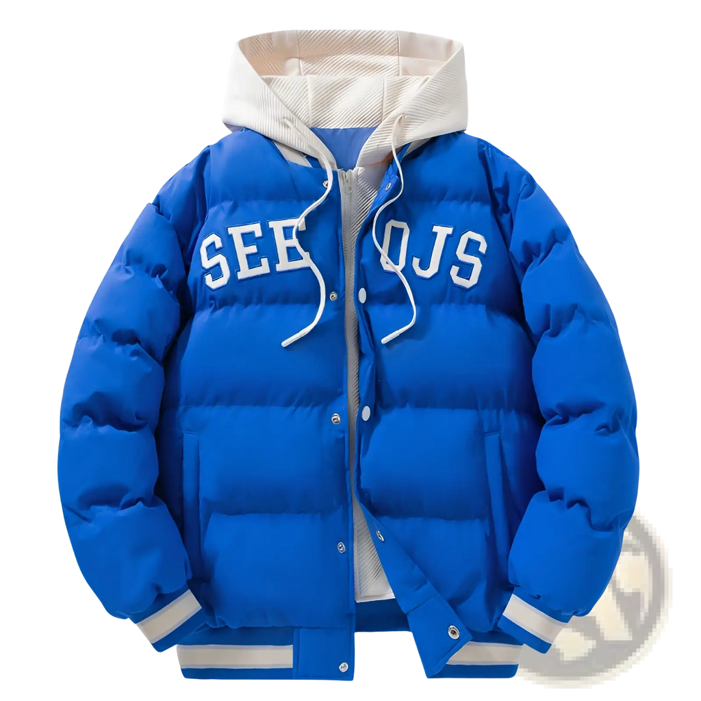 Men’s bright blue letter print hooded puffer jacket with white lettering and matching hood for cold weather use