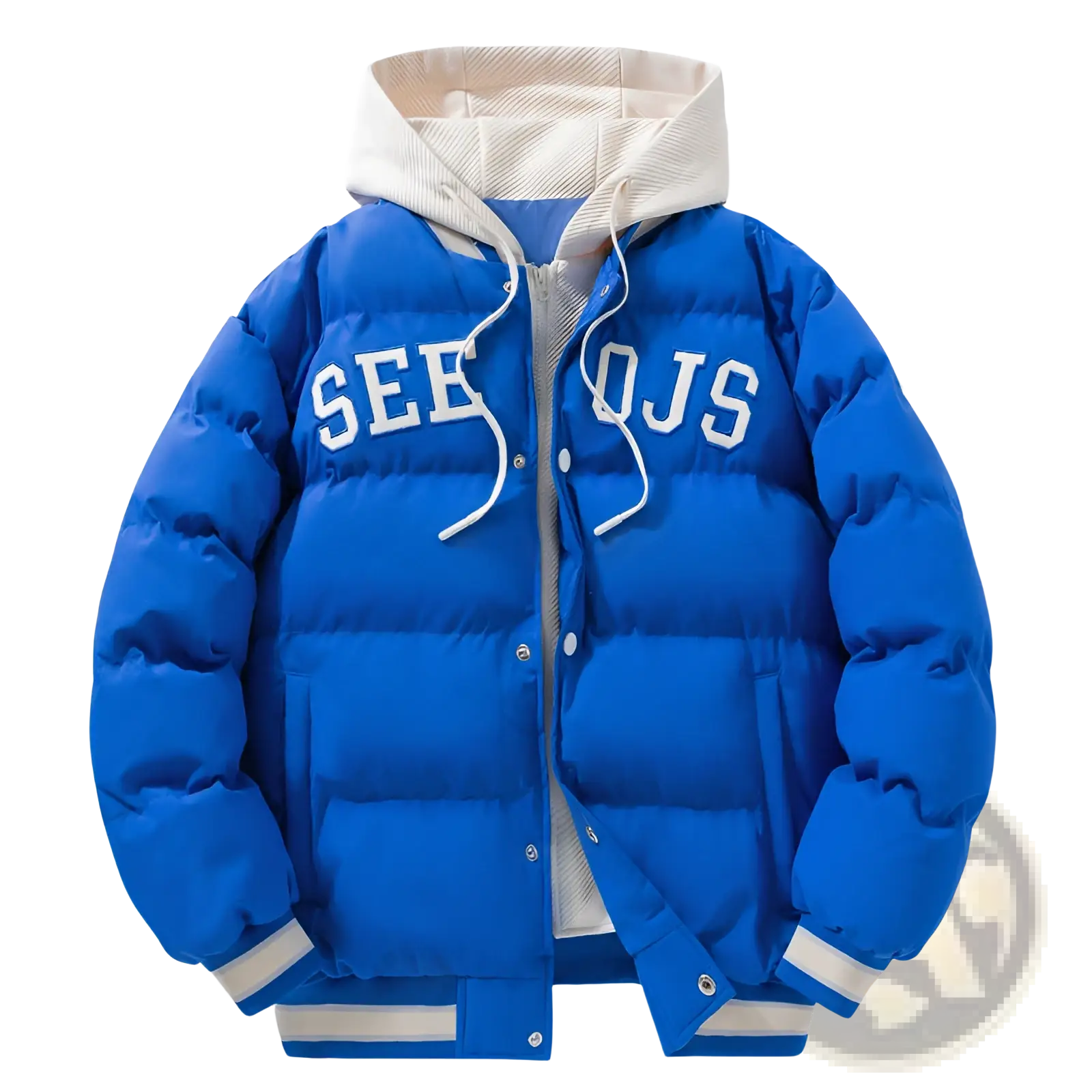 Men’s bright blue letter print hooded puffer jacket with white lettering and matching hood for cold weather use