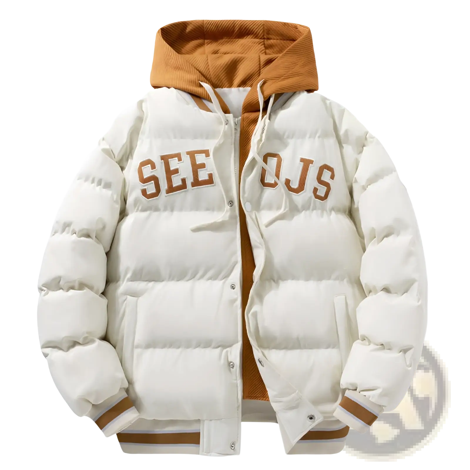 Men’s cream-colored letter print hooded puffer jacket with mustard-yellow hood and sleeve cuffs featuring see ojs lettering