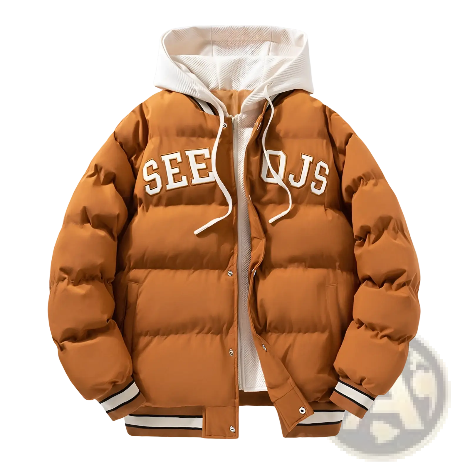 Men’s letter print hooded puffer jacket in warm rust orange with white hood and black and white striped cuffs