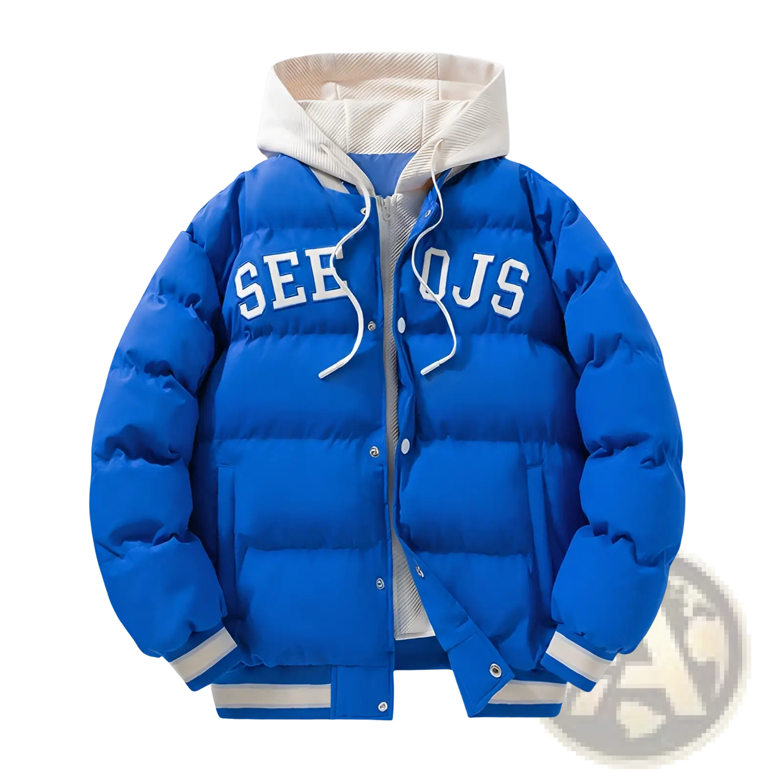 Bright blue men’s letter print hooded puffer jacket with white lettering and a matching hood, front view