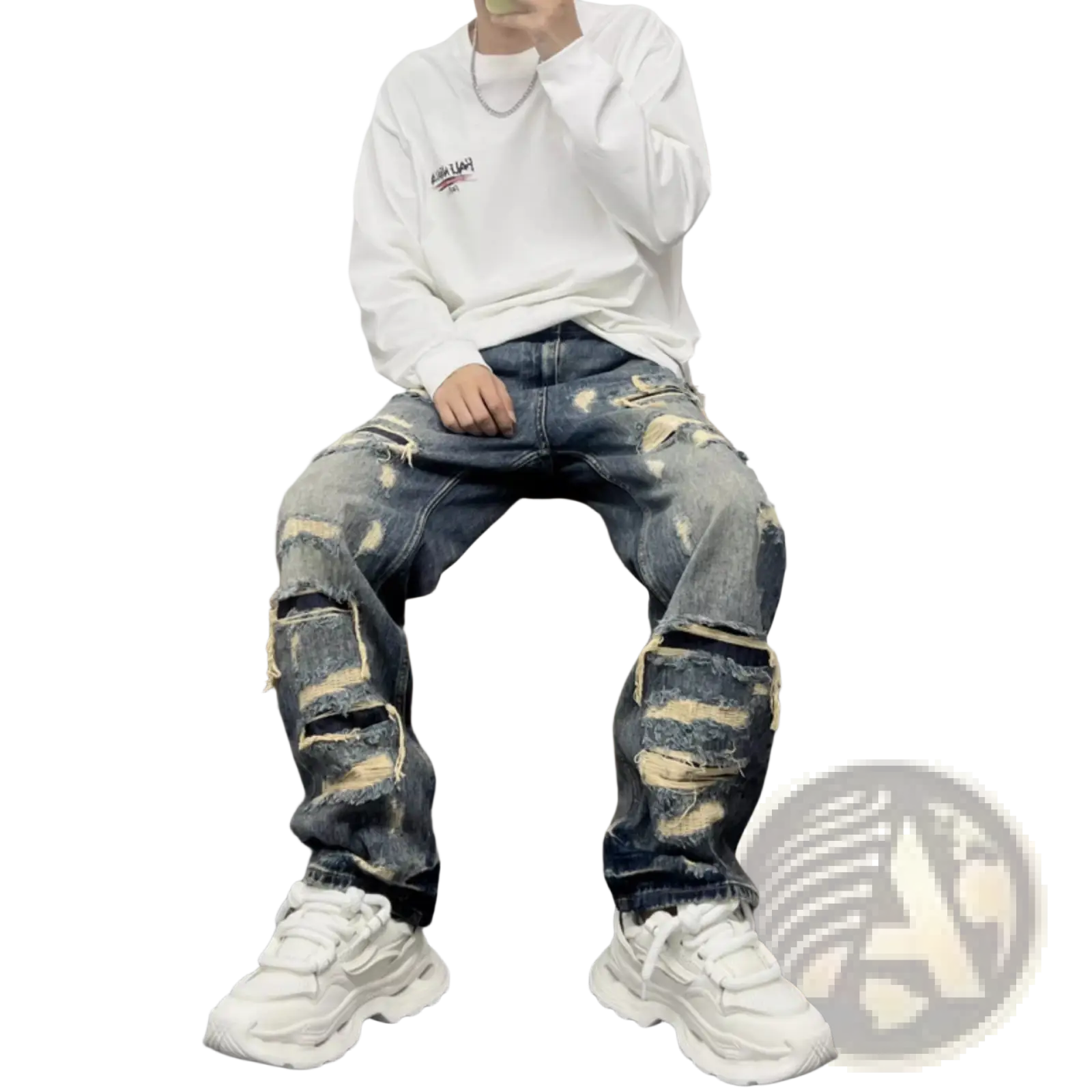 Men’s light blue distressed ripped patch denim jeans in dark blue with multiple ripped patches and frayed edges