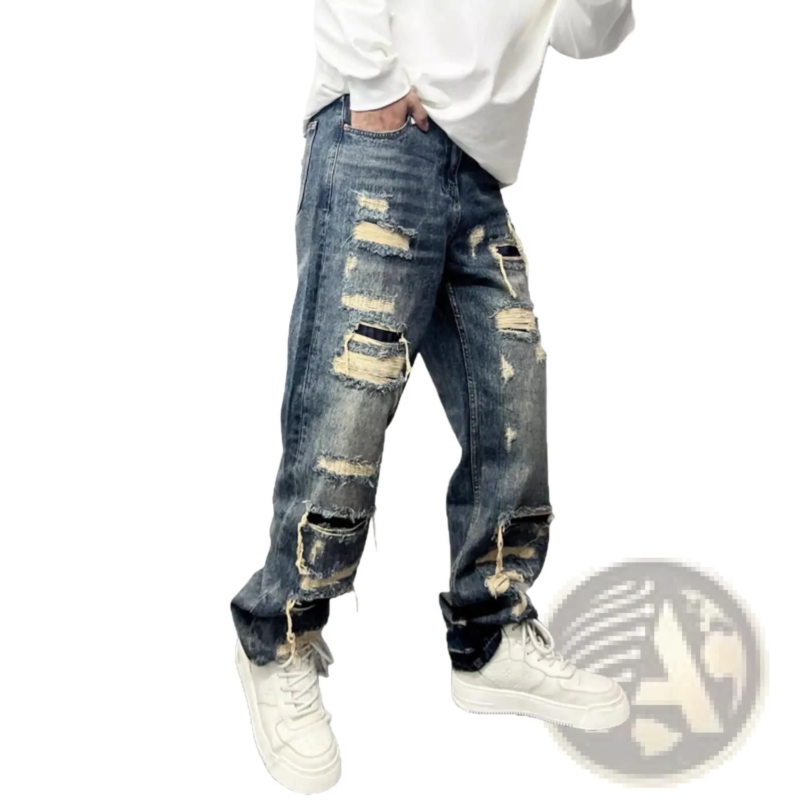 Men’s light blue distressed ripped patch denim jeans featuring multiple frayed and torn areas along the legs