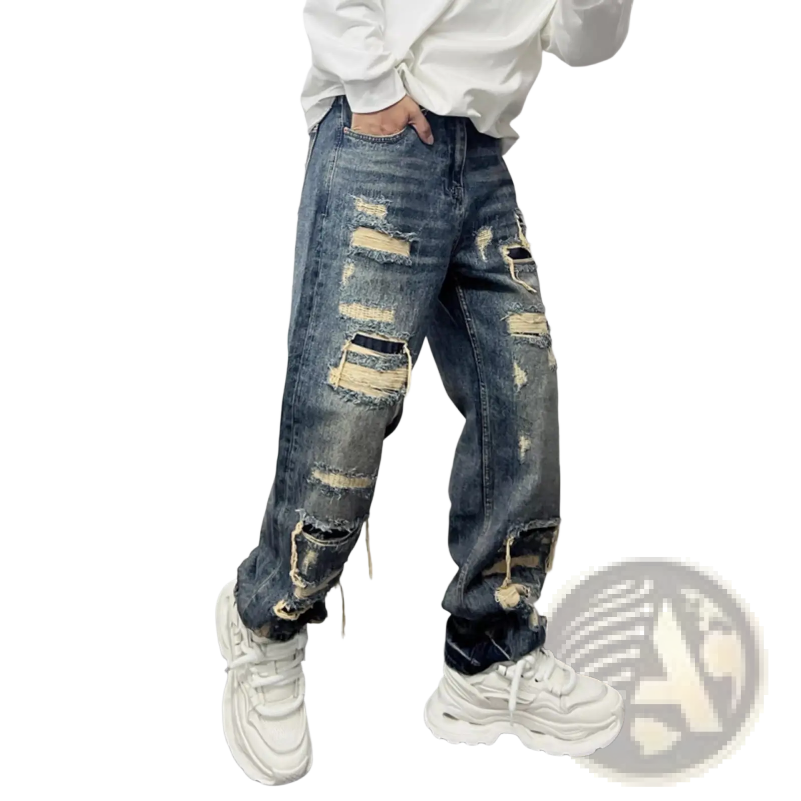 Men’s light blue distressed ripped patch denim jeans featuring multiple ripped patches and frayed edges