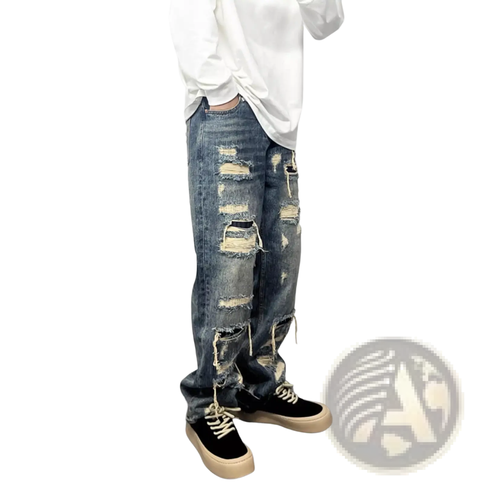 Men’s light blue distressed ripped patch denim jeans featuring multiple frayed and torn areas along the legs