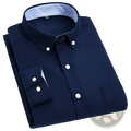 Mens light blue oxford shirt casual long sleeve with navy blue button-down front and striped inner collar detail