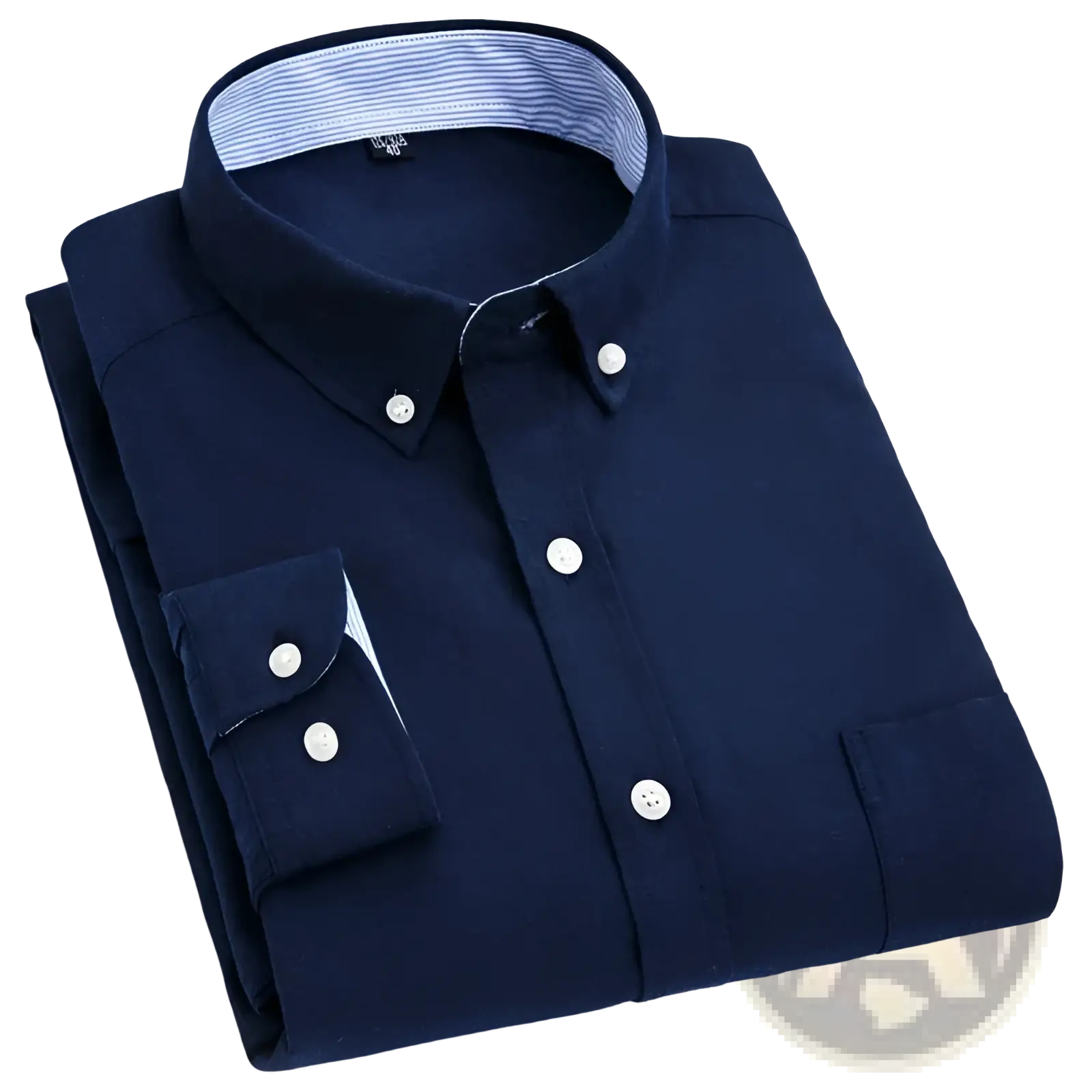 Mens light blue oxford shirt casual long sleeve with navy blue button-down front and striped inner collar detail