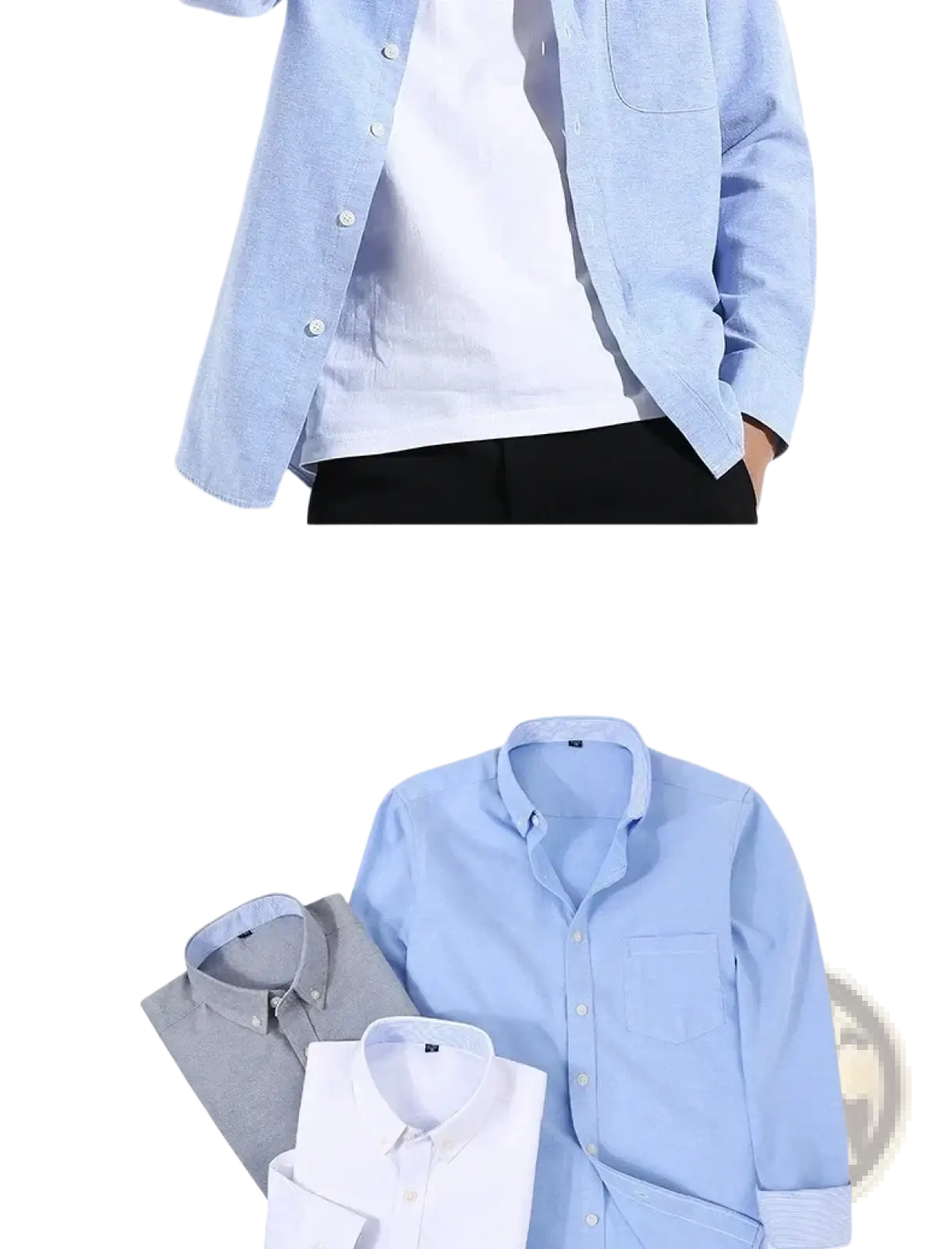 Mens light blue oxford shirt with casual long sleeves featuring a subtle textured weave and white inner collar lining