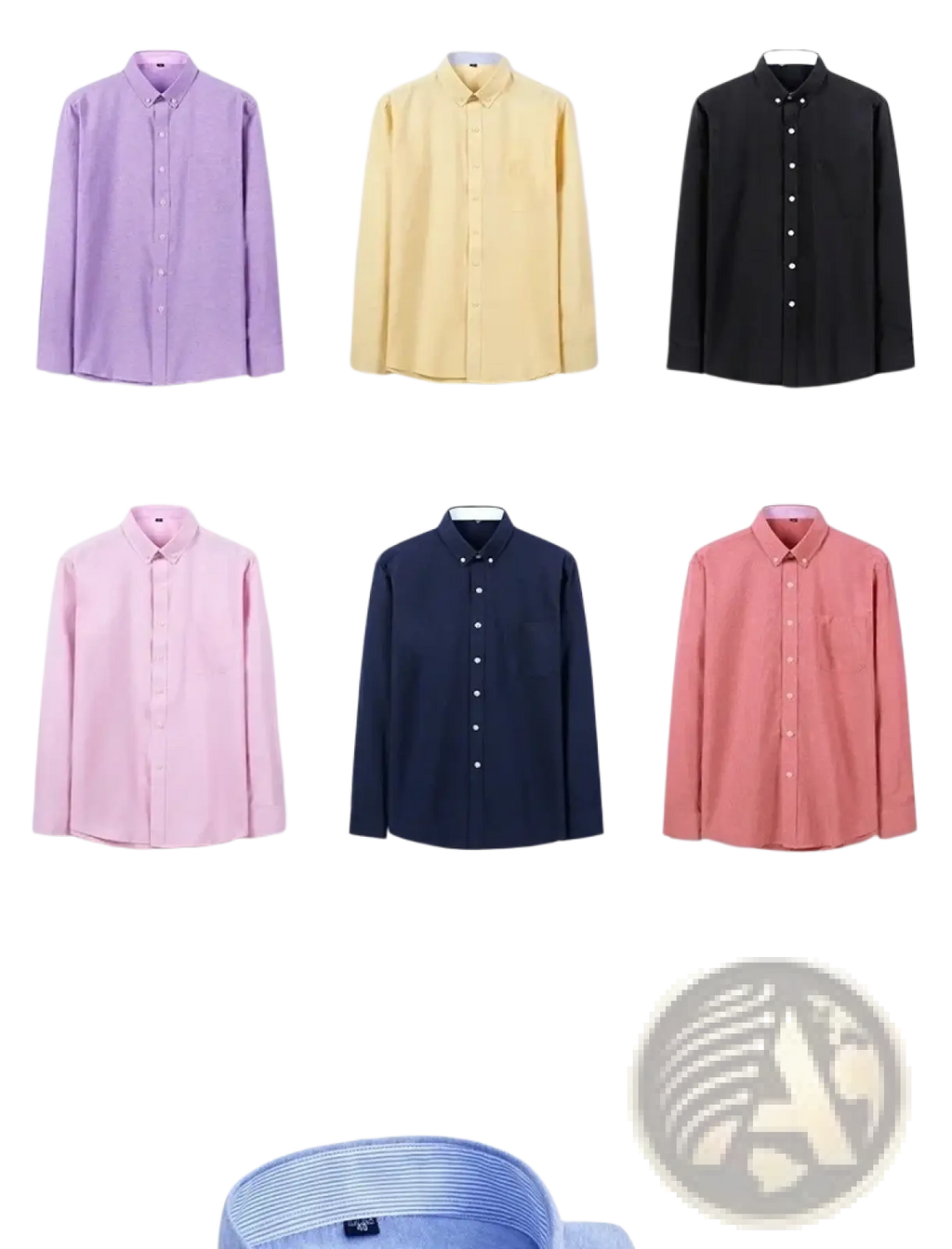 A collection of mens casual long sleeve button-down oxford shirts in light blue, purple, yellow, black, pink, navy, and red colors