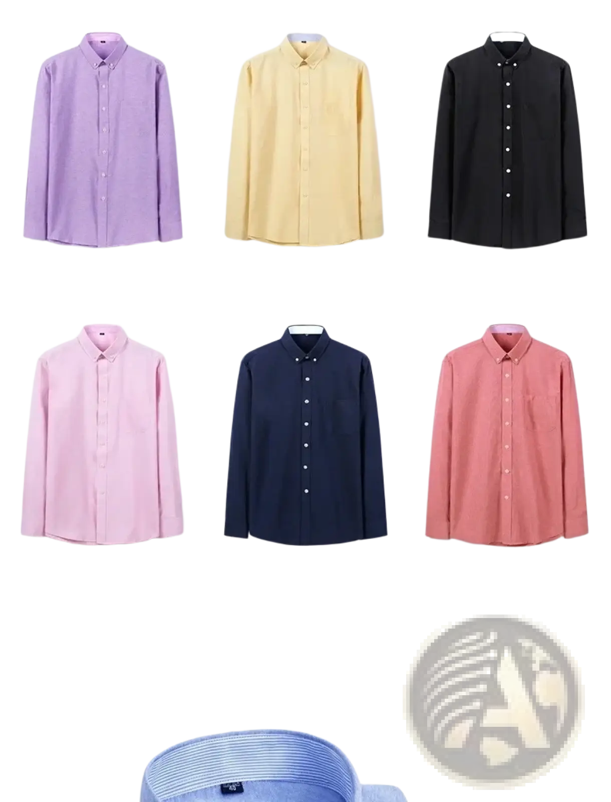 A collection of mens casual long sleeve button-down oxford shirts in light blue, purple, yellow, black, pink, navy, and red colors