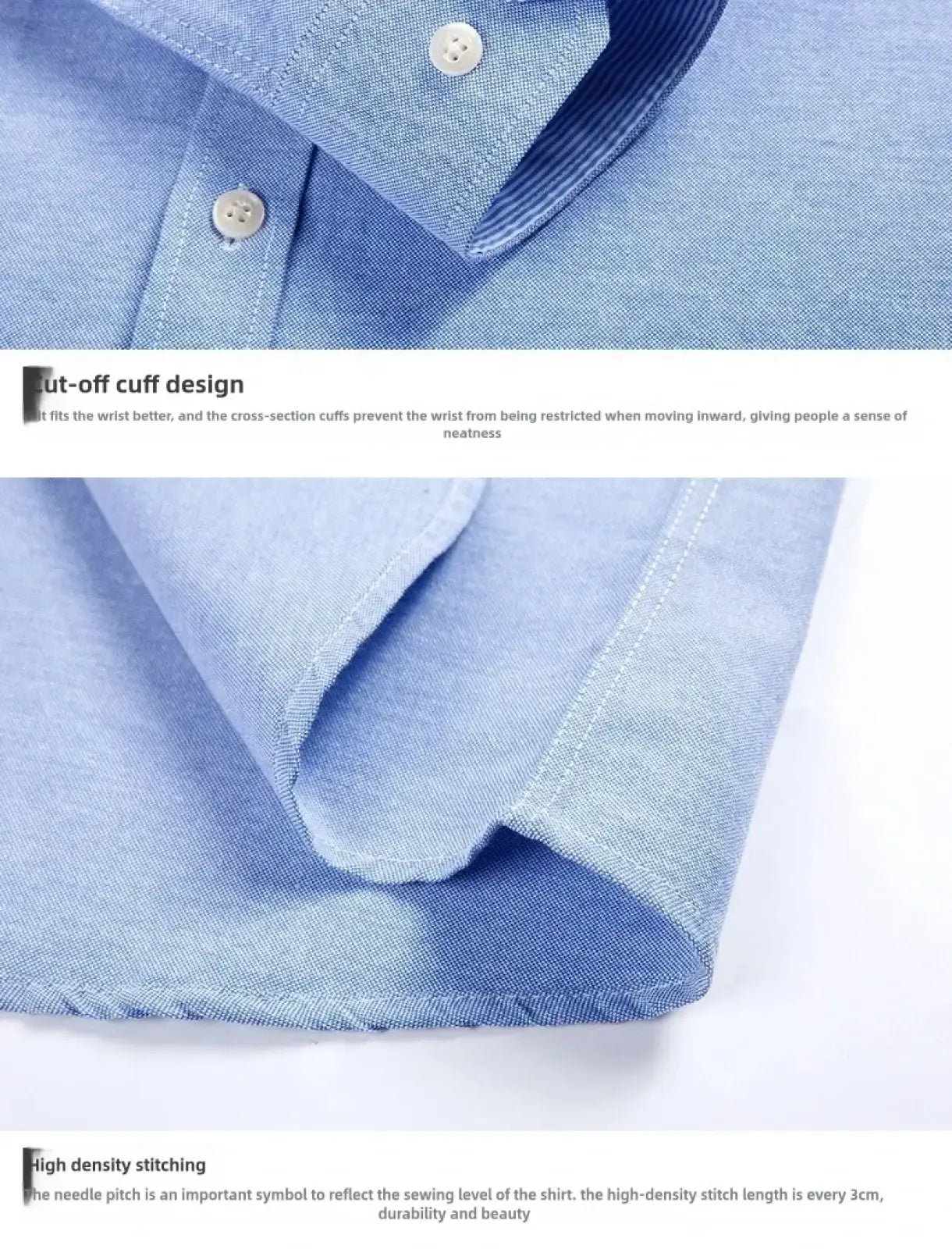 Mens light blue oxford shirt casual long sleeve made of denim with buttoned cuffs and high density stitching