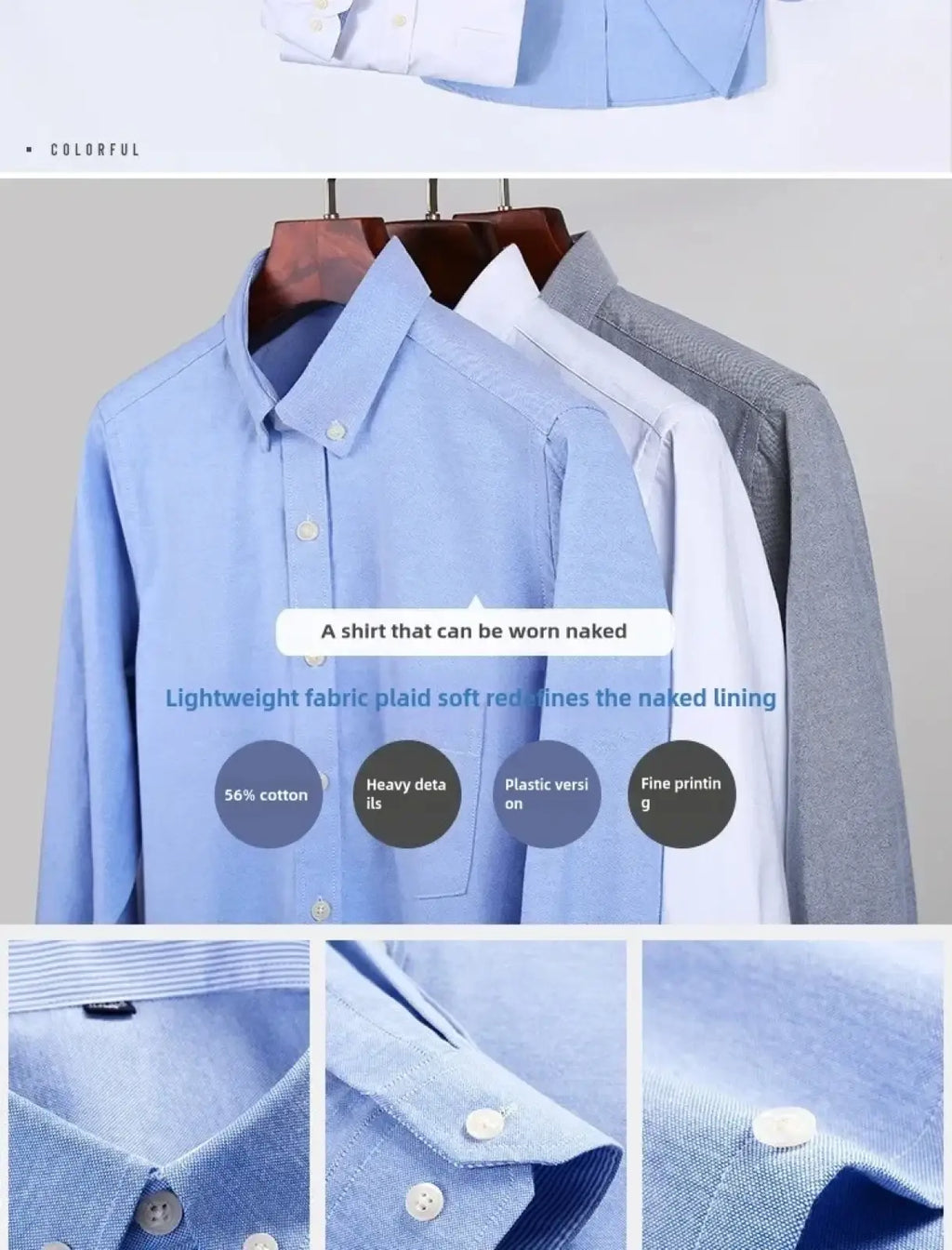 Mens light blue oxford shirt with lightweight plaid design soft red lining and white plastic buttons for casual wear