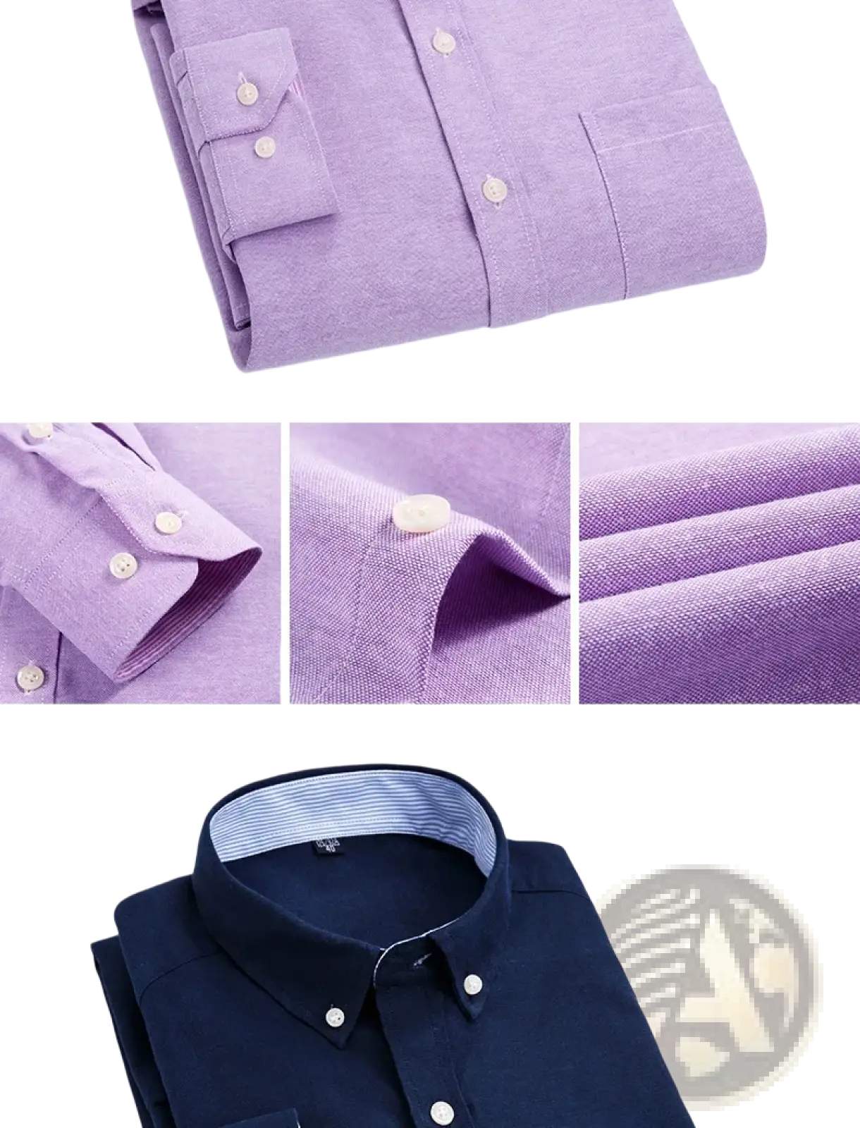 Mens light blue oxford shirt casual long sleeve with lavender textured weave and navy blue inner collar lining neatly folded