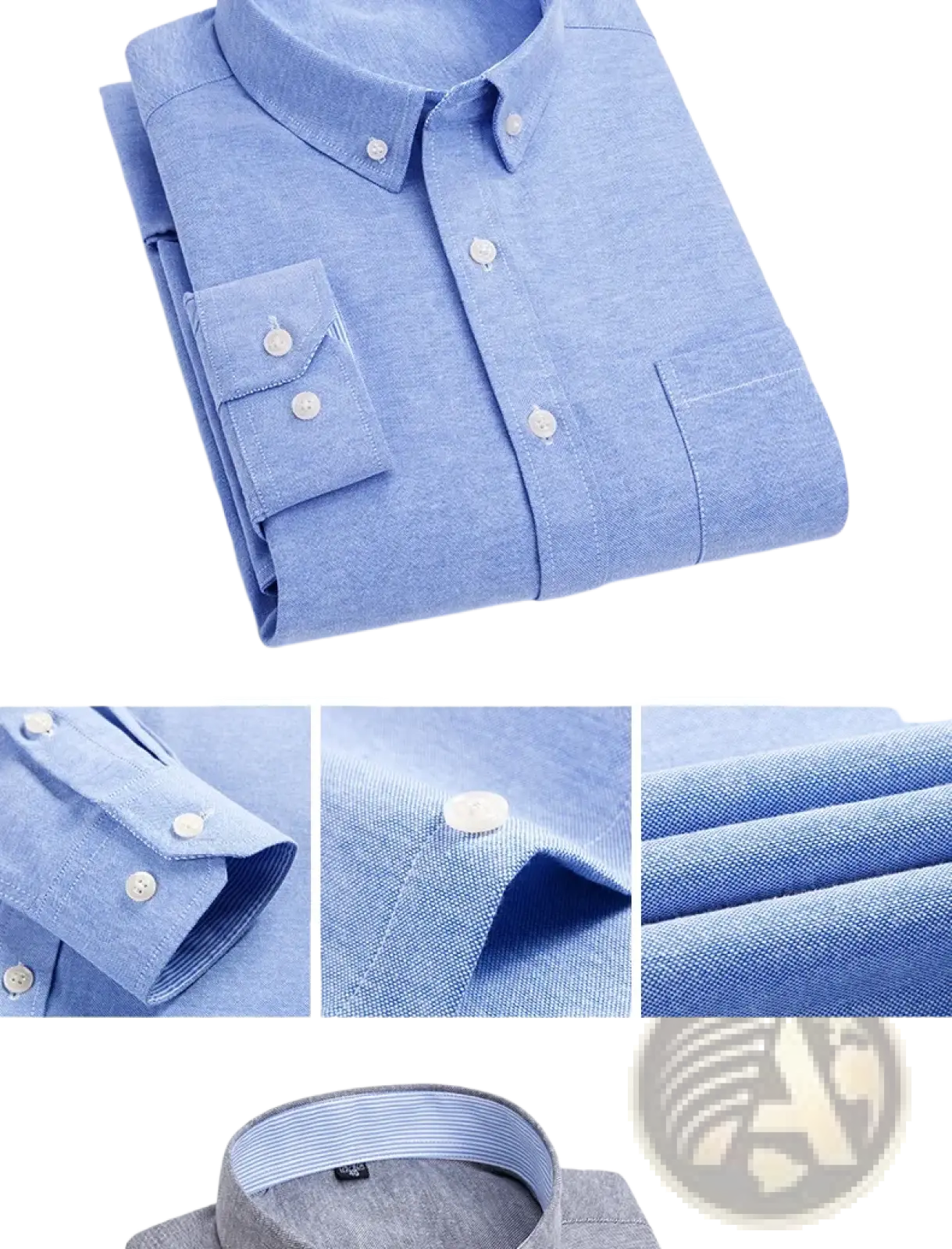Mens light blue oxford shirt casual long sleeve neatly folded with subtle textured weave and white buttons