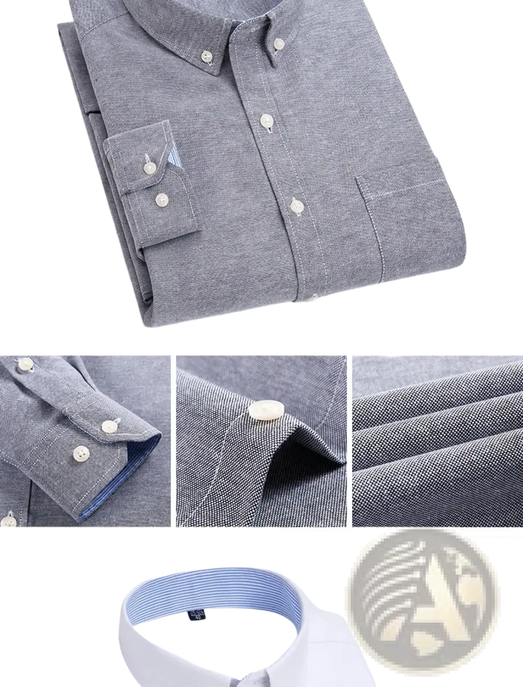 Mens light blue oxford shirt casual long sleeve with gray textured weave white buttons and blue striped inner collar lining