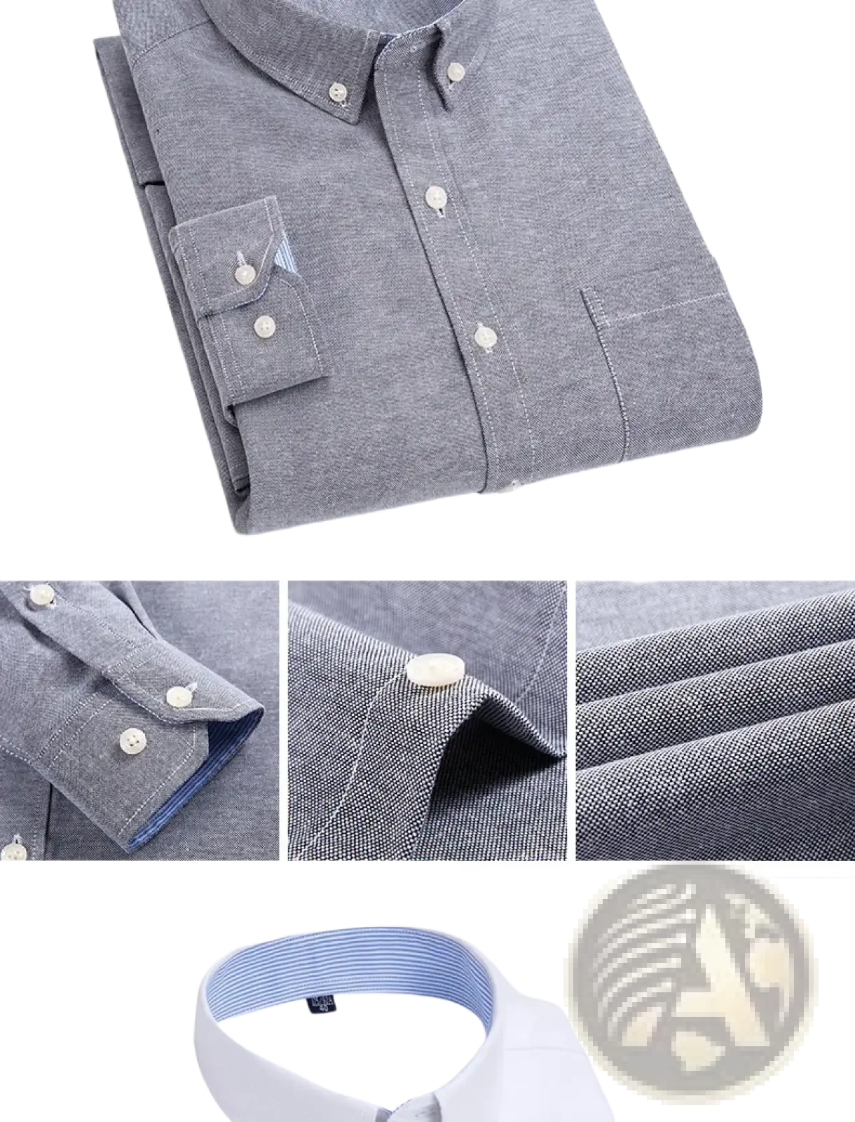 Mens light blue oxford shirt casual long sleeve with gray textured weave white buttons and blue striped inner collar lining