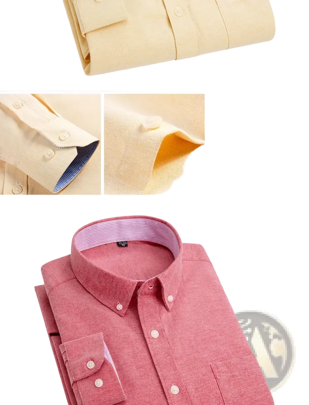 Mens light blue oxford shirt neatly folded in textured coral pink fabric with matching buttons and striped inner collar lining