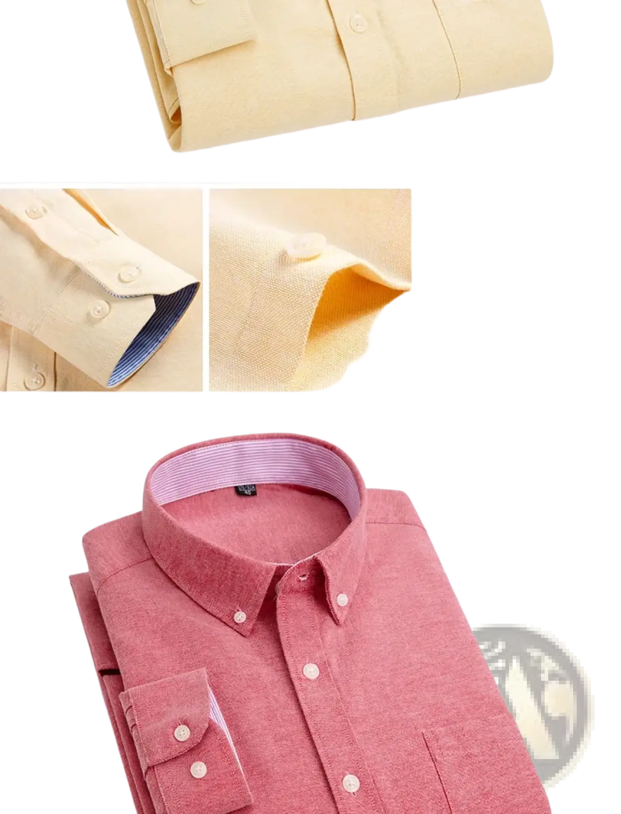 Mens light blue oxford shirt neatly folded in textured coral pink fabric with matching buttons and striped inner collar lining