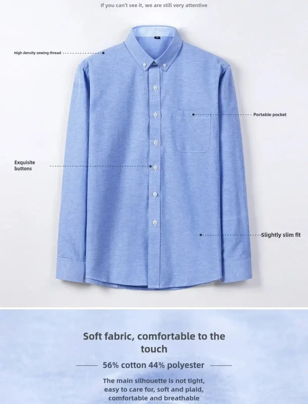 Men’s light blue oxford shirt casual long sleeve made of 56% cotton 44% polyester with exquisite buttons