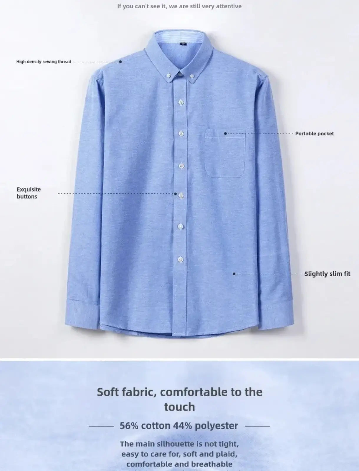 Men’s light blue oxford shirt casual long sleeve made of 56% cotton 44% polyester with exquisite buttons