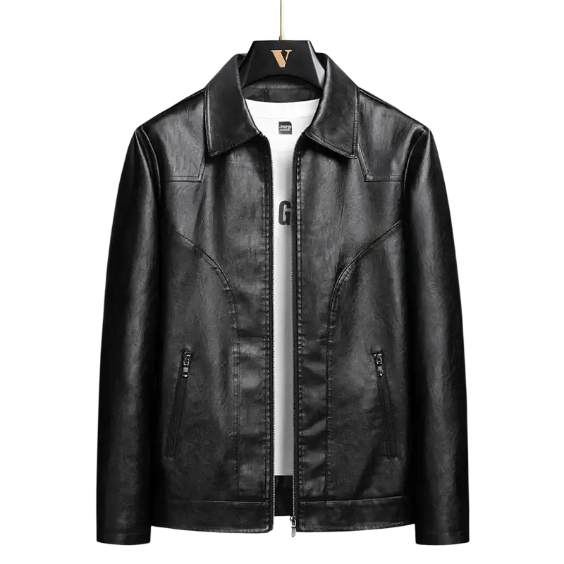 Men’s black faux leather jacket with classic collar and front zipper closure for a stylish moto look