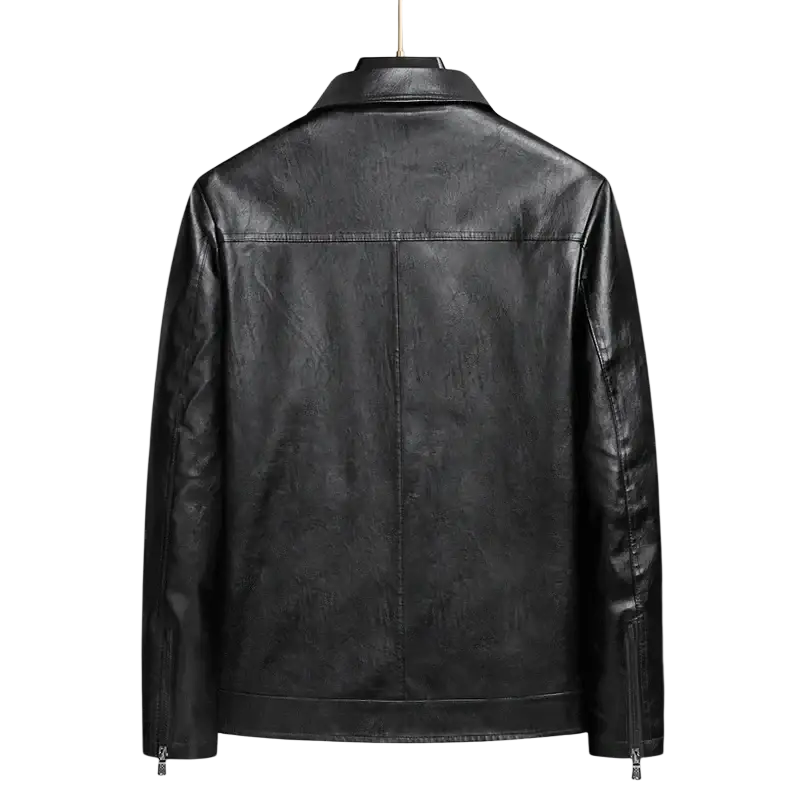 Men’s light green faux leather moto jacket with a classic slightly distressed black leather finish and subtle stitching details
