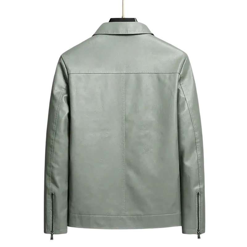 Men’s light green faux leather moto jacket with classic collar and zippered cuffs in sleek design