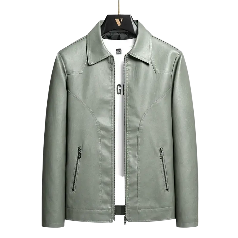 Men’s light green faux leather moto jacket featuring a classic collar and front zipper closure