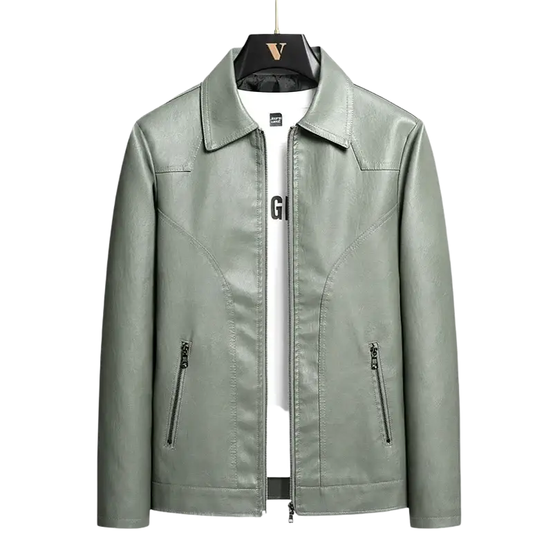 Men’s light green faux leather moto jacket with classic collar and front zipper closure in sleek design