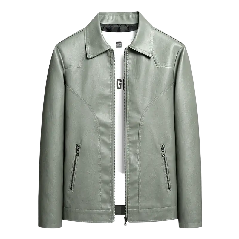 Men’s light green olive faux leather moto jacket with classic collar and front zipper closure