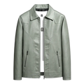 Men’s light green olive faux leather moto jacket with classic collar and front zipper closure