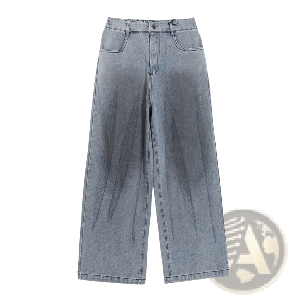 Men’s light wash denim jeans with loose fit straight leg high waist and classic five-pocket design