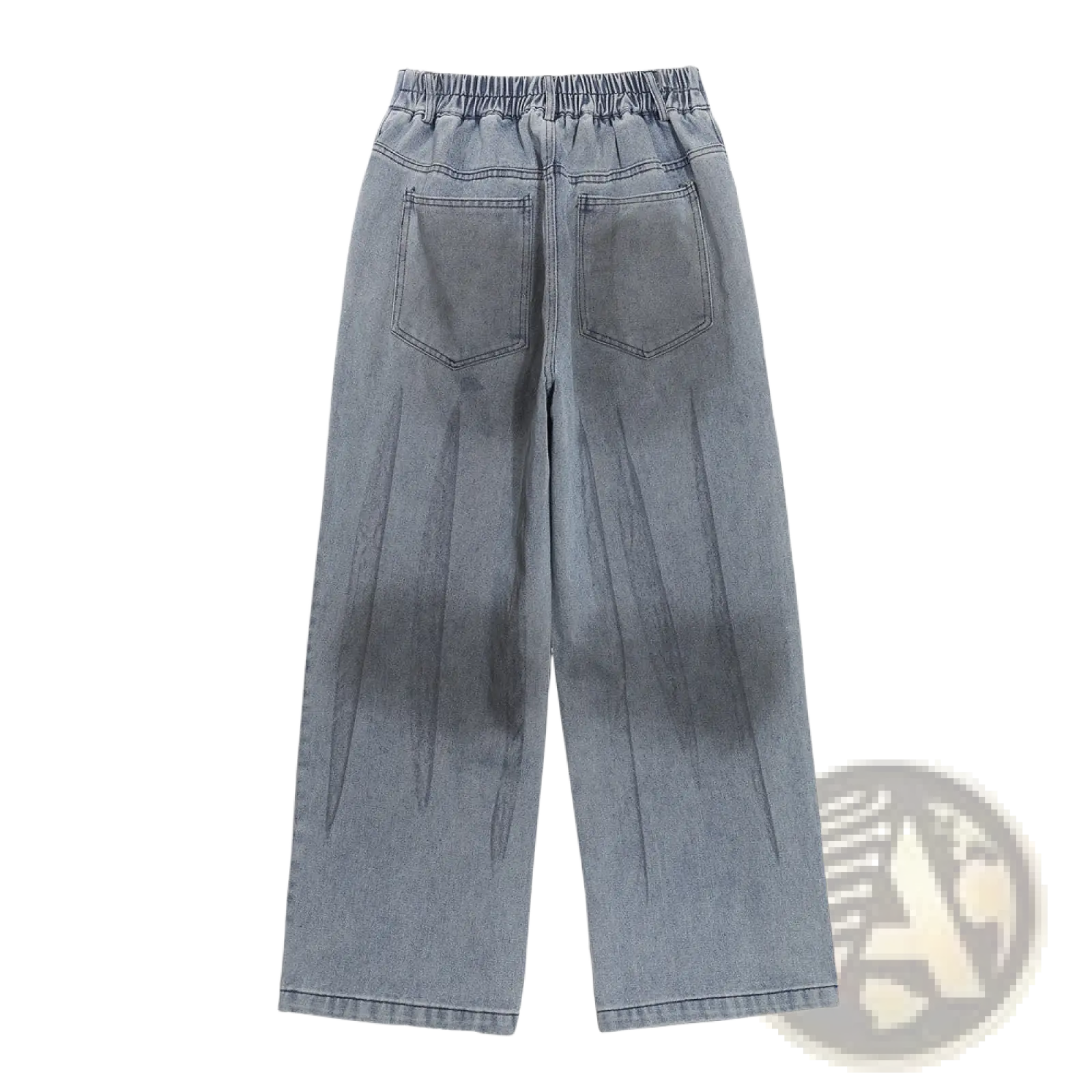 Men’s light wash denim jeans with wide-leg fit elastic waistband and two back pockets shown from the back side
