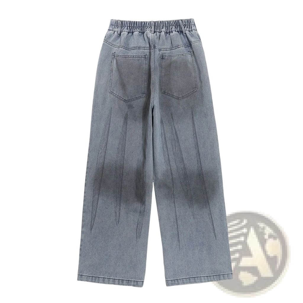 Men’s light wash loose fit straight leg denim jeans shown from the back with elastic waistband and two pockets