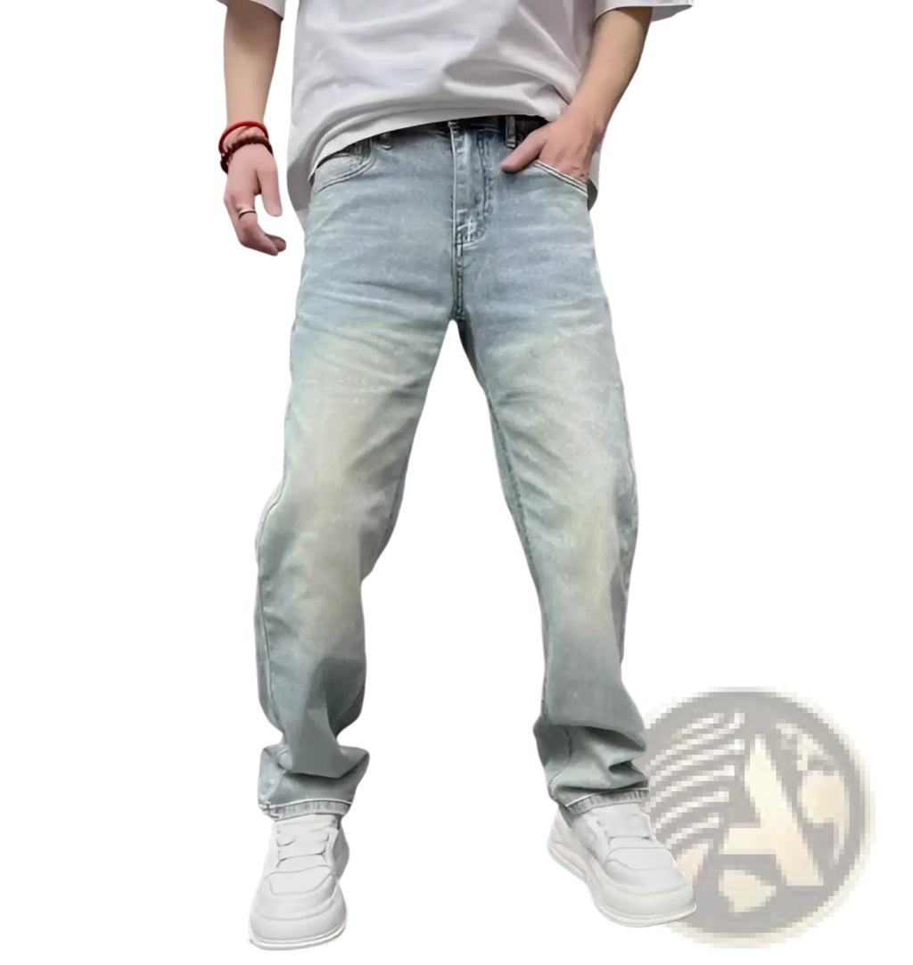 Men’s light wash denim jeans with relaxed straight leg cut and subtle fading for a casual modern look