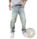 Men’s light wash denim jeans with relaxed straight leg cut and subtle fading for a casual modern look