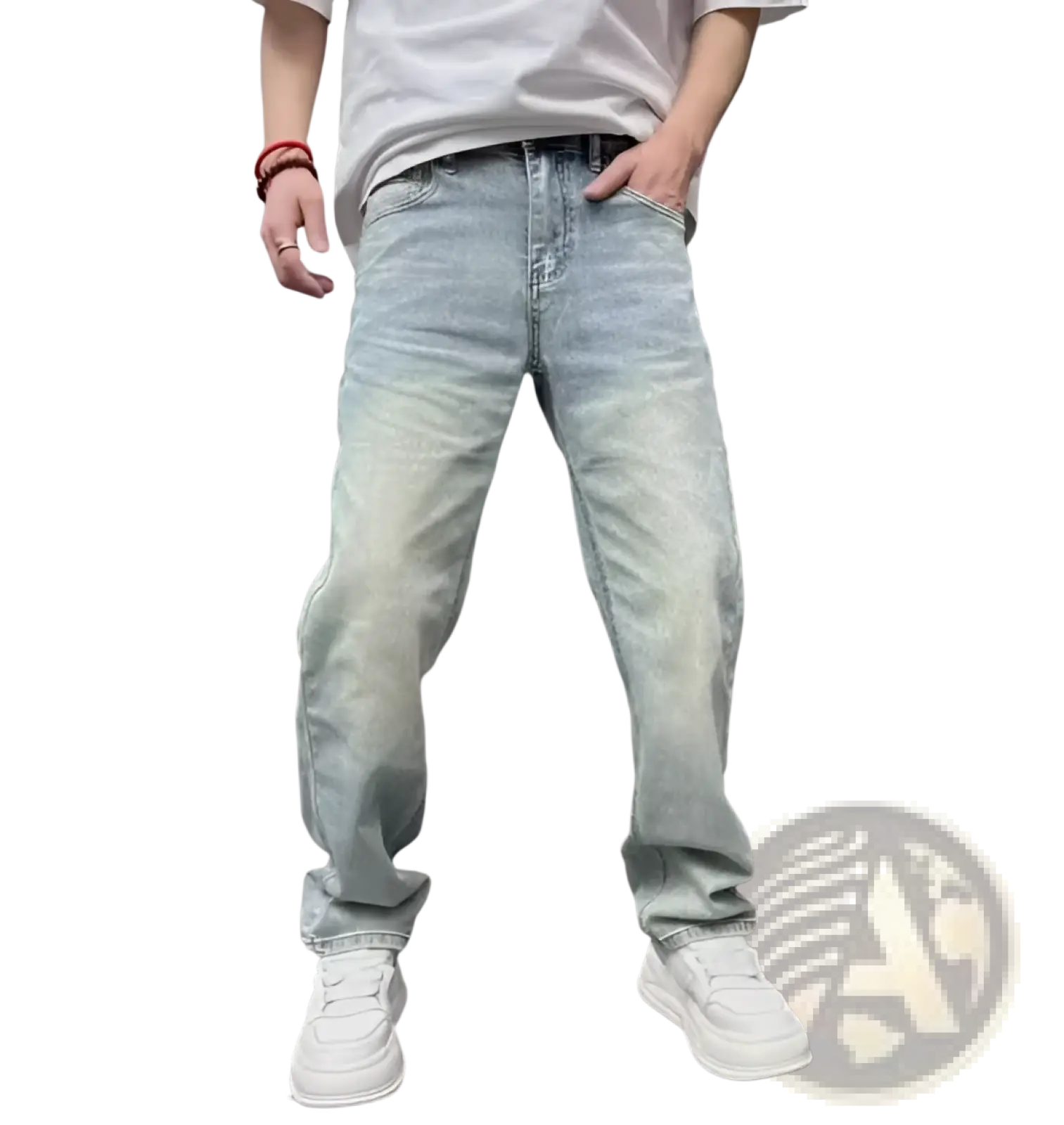 Men’s light wash denim jeans with relaxed straight leg cut and subtle fading for a casual modern look