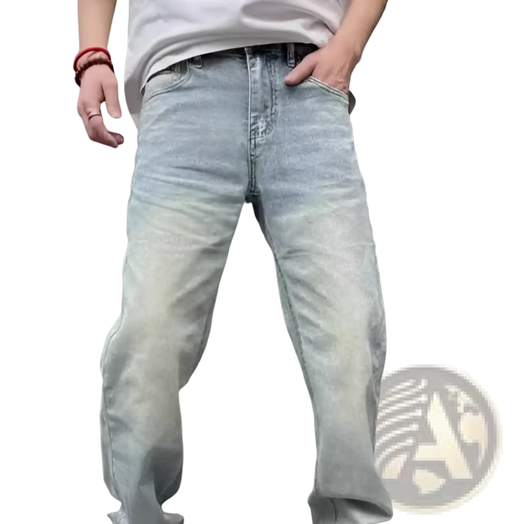 Men’s light wash relaxed straight leg denim jeans with subtle fading for a casual worn-in look