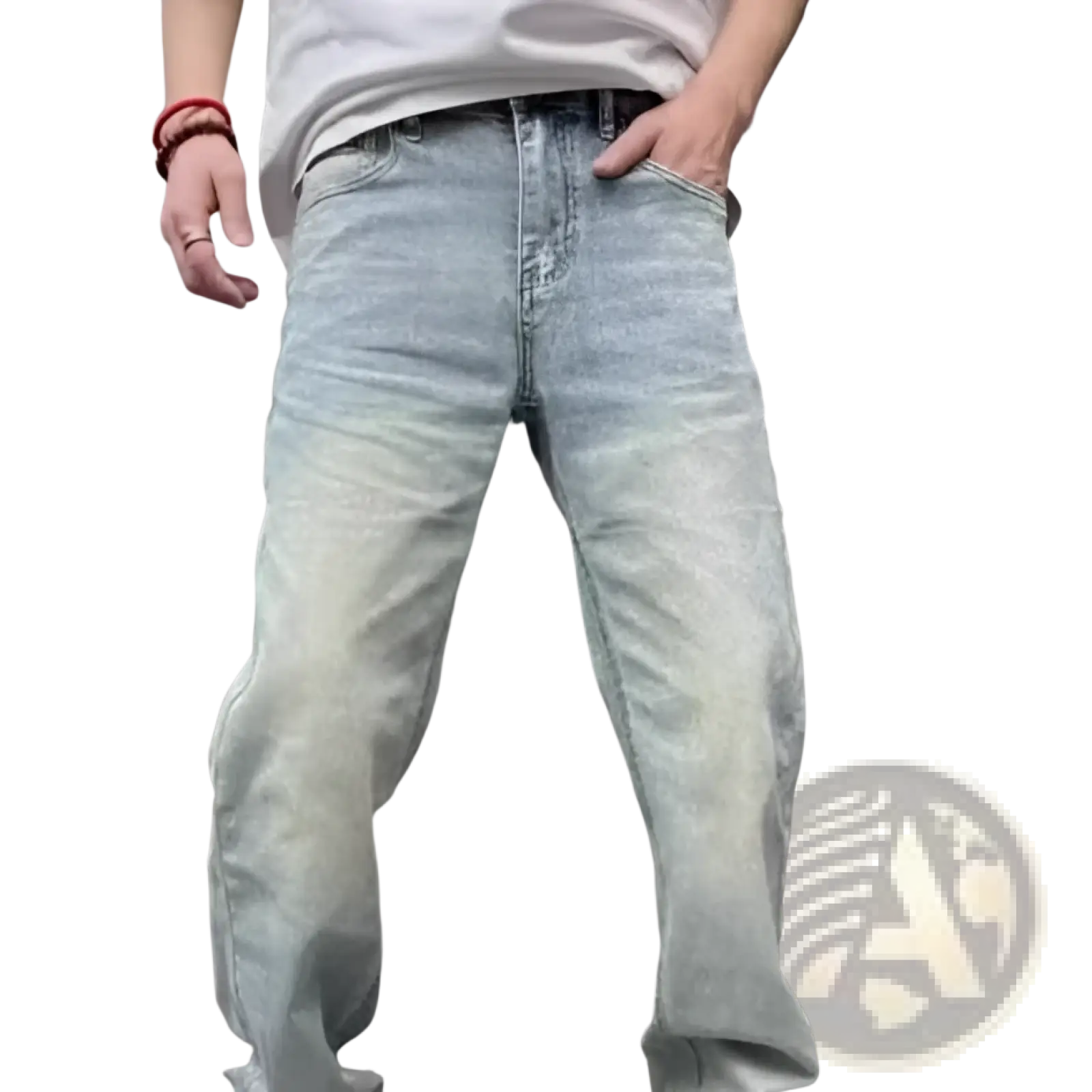 Men’s light wash relaxed straight leg denim jeans with subtle fading for a casual worn-in look