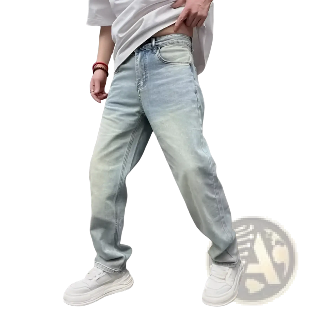 Men’s light wash denim jeans with a relaxed straight leg cut and subtle fading for a casual modern look