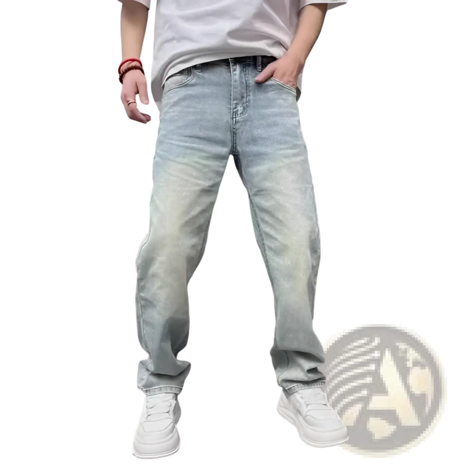 Men’s light wash denim jeans with relaxed straight leg cut and subtle fading for a casual modern look