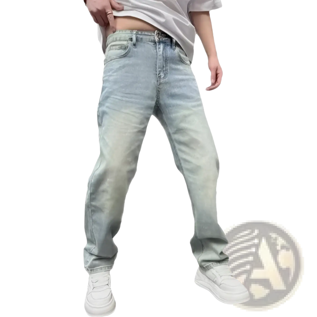 Men’s light wash relaxed straight leg denim jeans with subtle fading in light-wash denim fabric